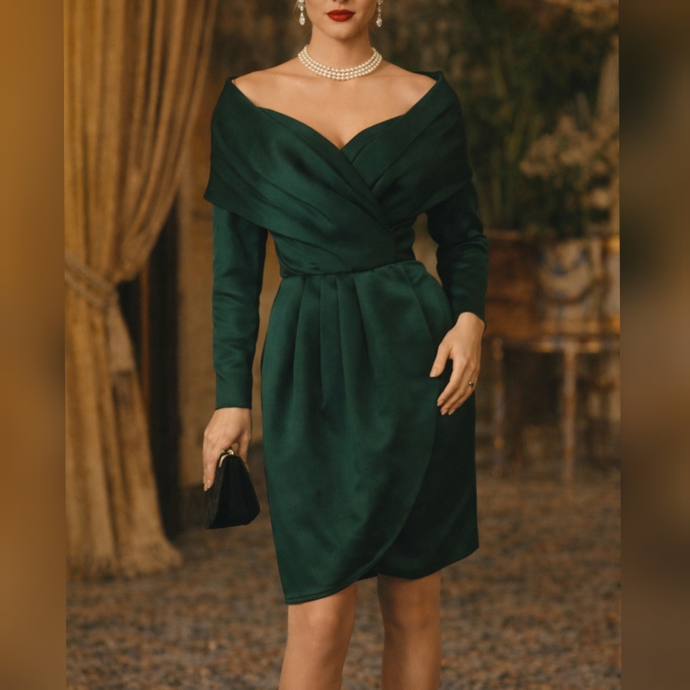 Victor Costa Vintage 80s Green Satin Wrap Cocktail Party Prom Dress sz 8
